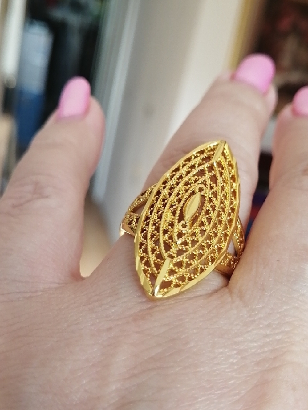 18 K Yellow Gold Plated Filigree Marquise Statement Ring Size 9. New